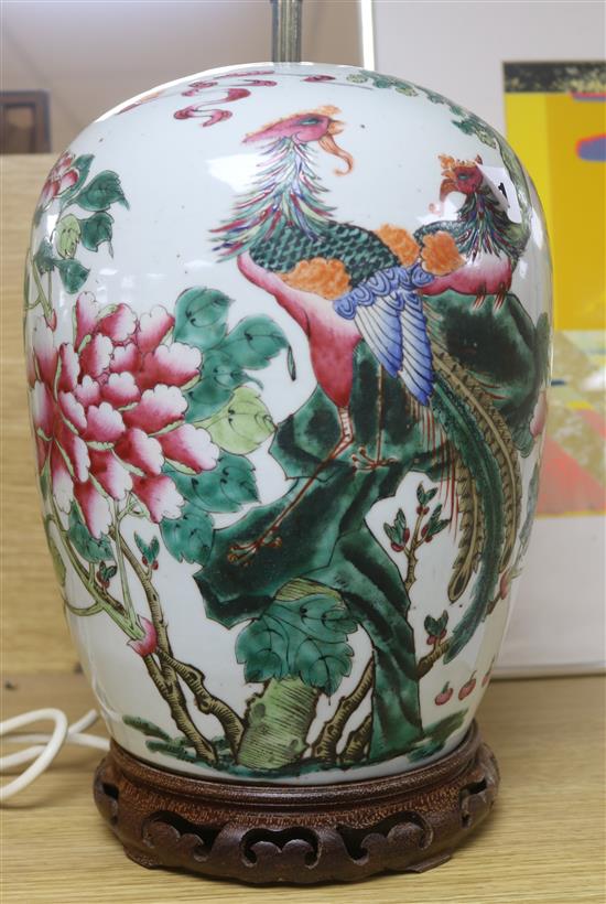 A Chinese famille rose phoenix and rocks jar and cover, early 20th century, converted to a lamp